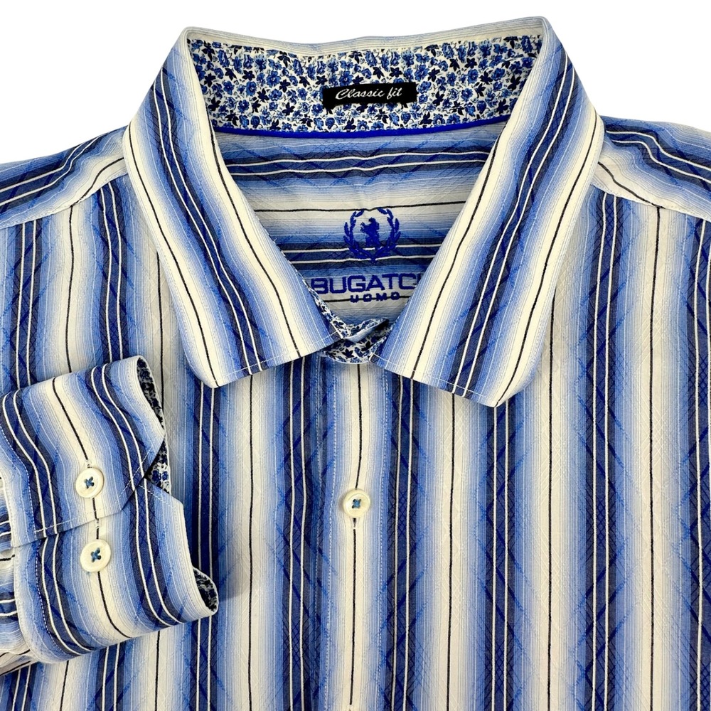 Bugatchi Uomo Mens Blue White Striped Cotton Button Down Shirt Classic Fit XL